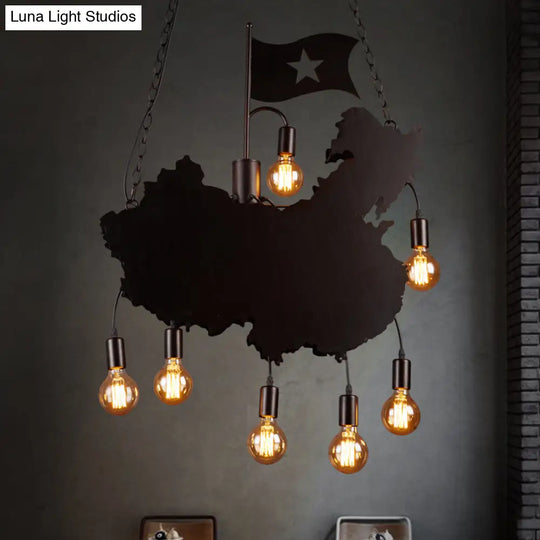 Industrial Island Pendant Lamp - Iron Panel Black Hanging Light Kit 7 Bulbs Map And Flag Shape