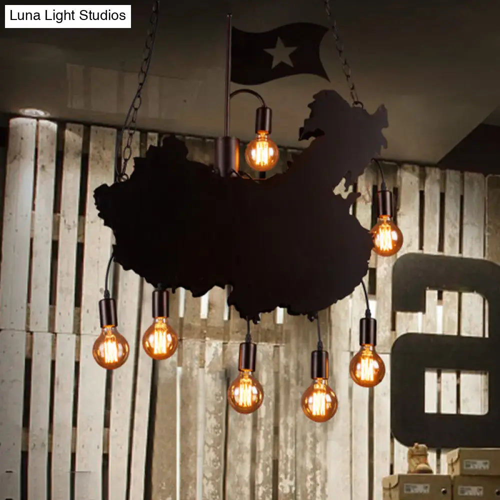 Industrial Island Pendant Lamp - Iron Panel Black Hanging Light Kit 7 Bulbs Map And Flag Shape