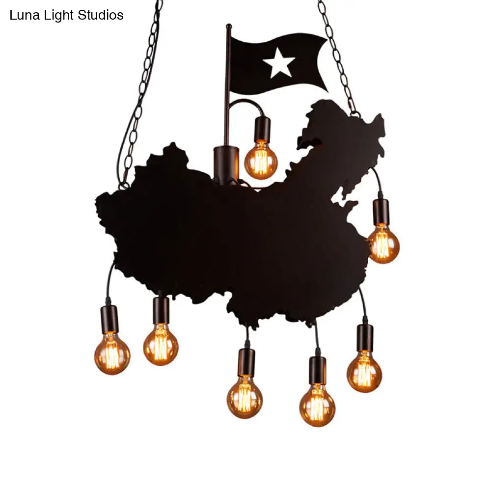 Industrial Island Pendant Lamp - Iron Panel Black Hanging Light Kit 7 Bulbs Map And Flag Shape