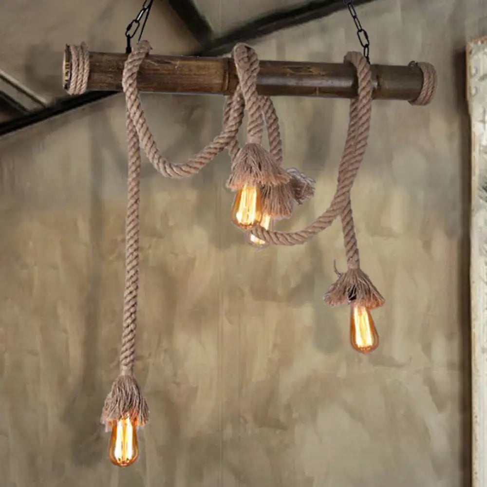 Industrial Island Pendant Light - Exposed Bulb Rope Design Dining Room Hanging Lamp In Beige (4/8