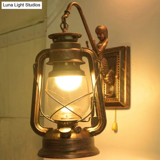 Industrial Kerosene Wall Lamp With Clear Glass And Mermaid Arm Pull Chain Sconce