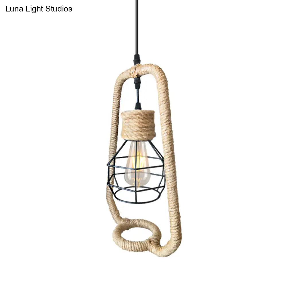 Industrial Kitchen Pendant Lighting: 1-Light Hanging Ceiling Light With Metal Globe And Rope Shade