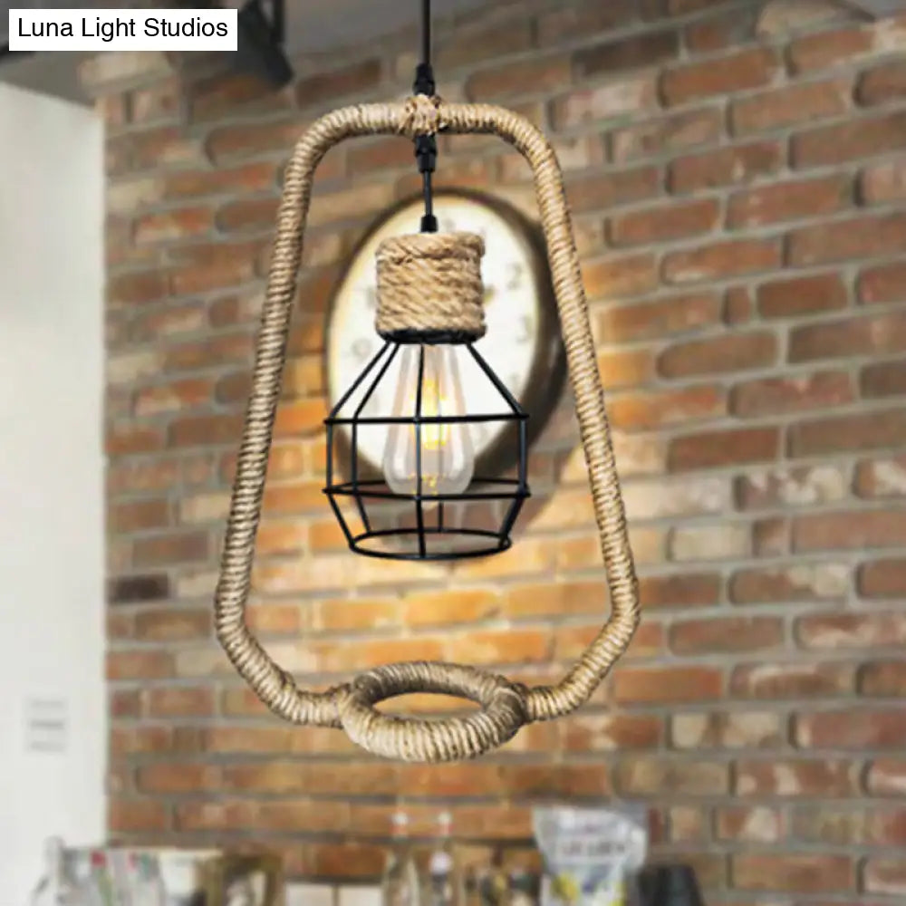Industrial Black Metal & Rope Pendant Light With Globe Shade - Perfect For Kitchen Ceiling