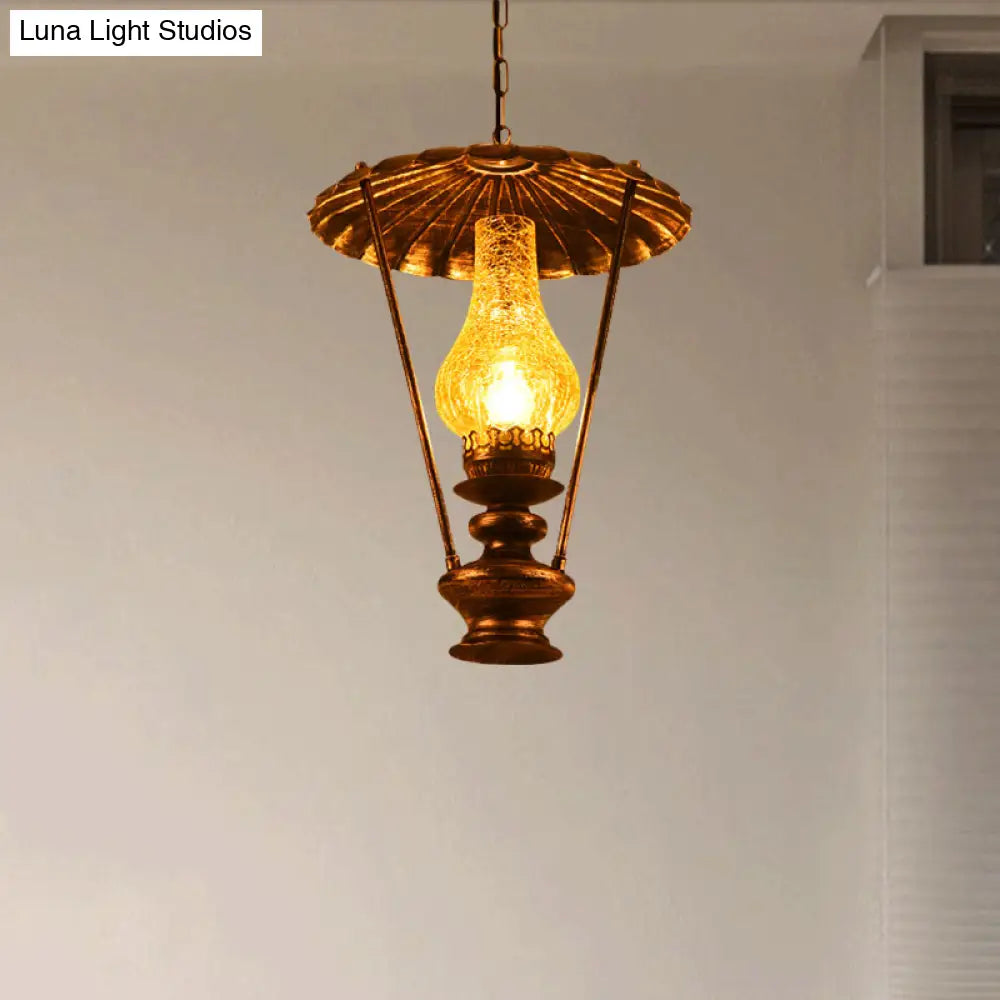 Industrial Lantern Crackle Glass Ceiling Pendant Light For Living Room - 1 Hanging