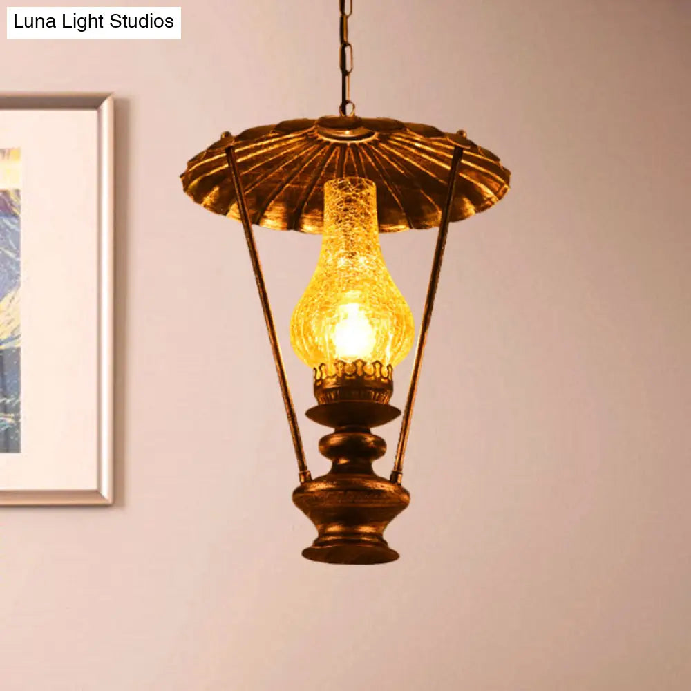 Industrial Lantern Crackle Glass Ceiling Pendant Light For Living Room - 1 Hanging