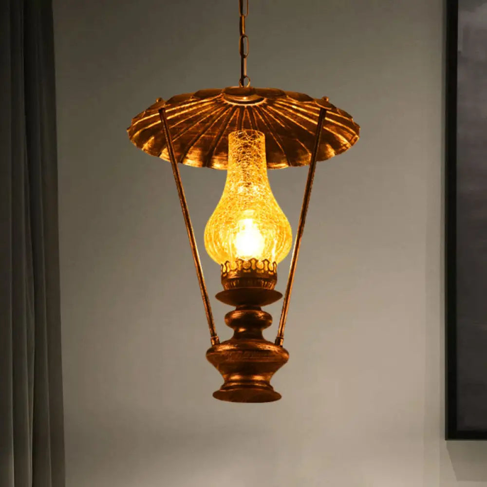 Industrial Lantern Crackle Glass Ceiling Pendant Light For Living Room - 1 Hanging Bronze