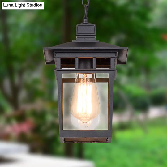 Industrial Lantern Hanging Pendant Lamp - Metal & Clear Glass 1 Light Outdoor Porch Lighting In