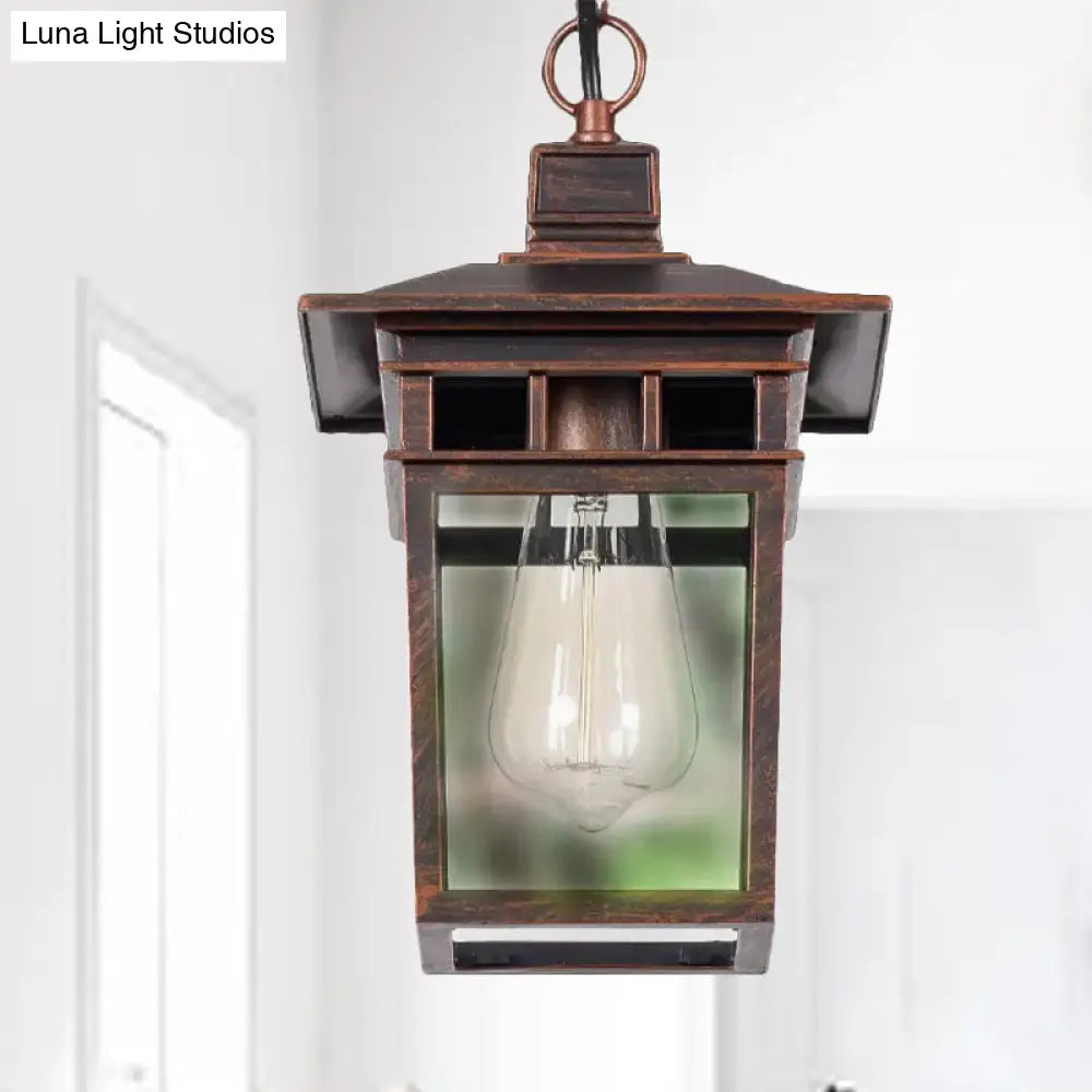 Industrial Lantern Hanging Pendant Lamp - Metal & Clear Glass 1 Light Outdoor Porch Lighting In