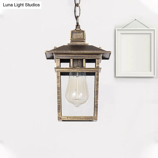 Industrial Lantern Outdoor Pendant Lamp With Metal And Clear Glass - 1 Light In Black/Bronze/Gold