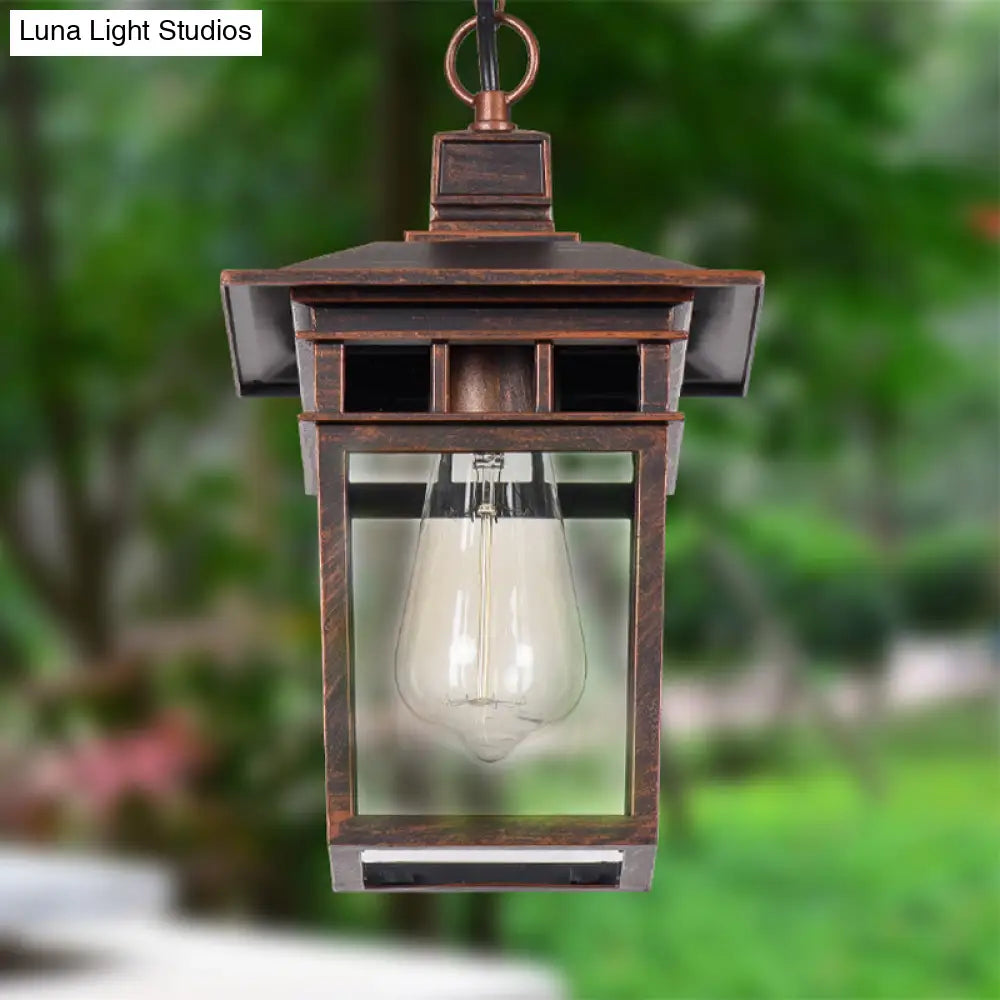 Industrial Lantern Hanging Pendant Lamp - Metal & Clear Glass 1 Light Outdoor Porch Lighting In