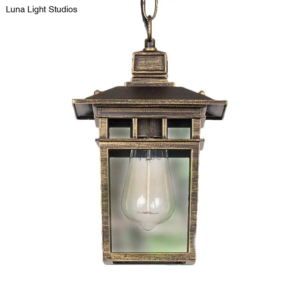 Industrial Lantern Outdoor Pendant Lamp With Metal And Clear Glass - 1 Light In Black/Bronze/Gold