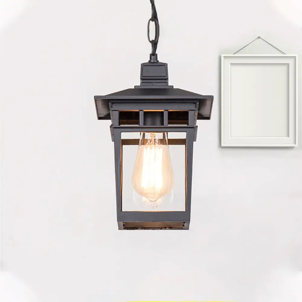 Industrial Lantern Hanging Pendant Lamp - Metal & Clear Glass 1 Light Outdoor Porch Lighting In