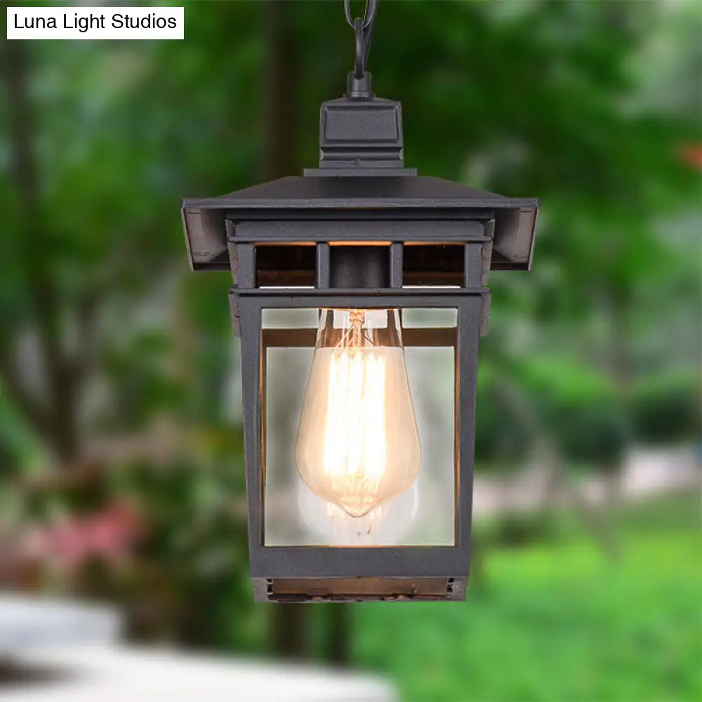 Industrial Lantern Outdoor Pendant Lamp With Metal And Clear Glass - 1 Light In Black/Bronze/Gold