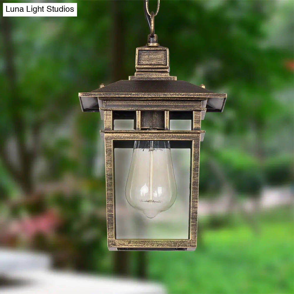 Industrial Lantern Outdoor Pendant Lamp With Metal And Clear Glass - 1 Light In Black/Bronze/Gold