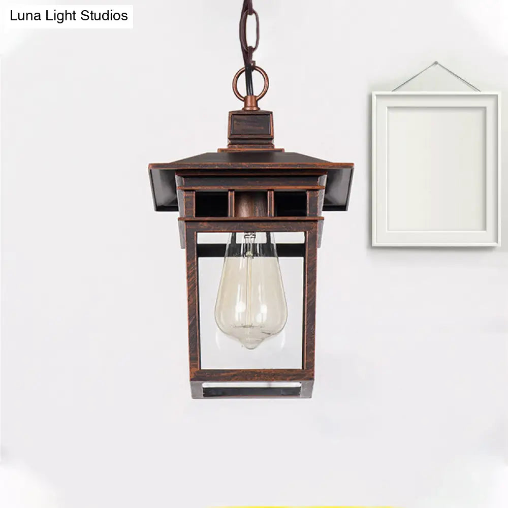 Industrial Lantern Outdoor Pendant Lamp With Metal And Clear Glass - 1 Light In Black/Bronze/Gold