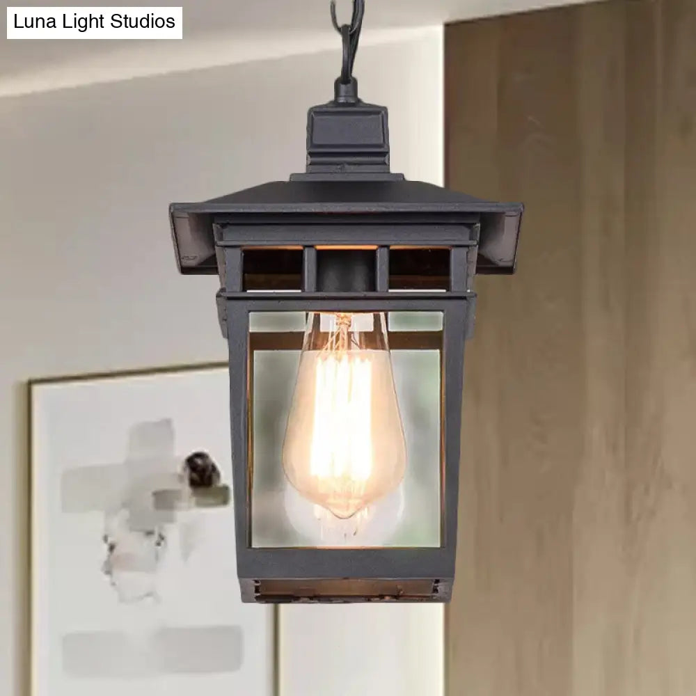 Industrial Lantern Outdoor Pendant Lamp With Metal And Clear Glass - 1 Light In Black/Bronze/Gold