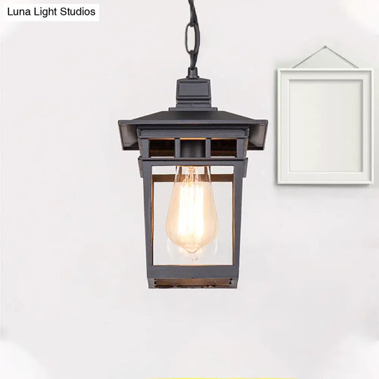 Industrial Lantern Outdoor Pendant Lamp With Metal And Clear Glass - 1 Light In Black/Bronze/Gold