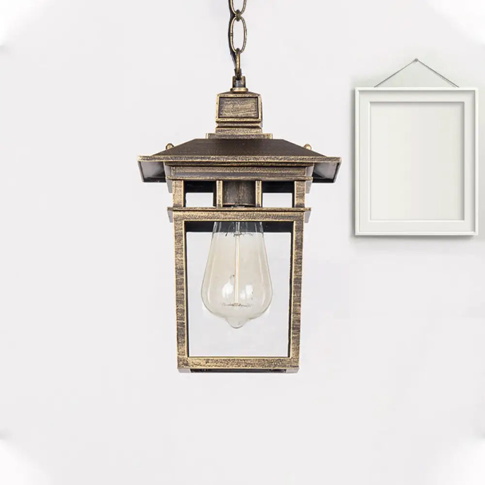 Industrial Lantern Hanging Pendant Lamp - Metal & Clear Glass 1 Light Outdoor Porch Lighting In