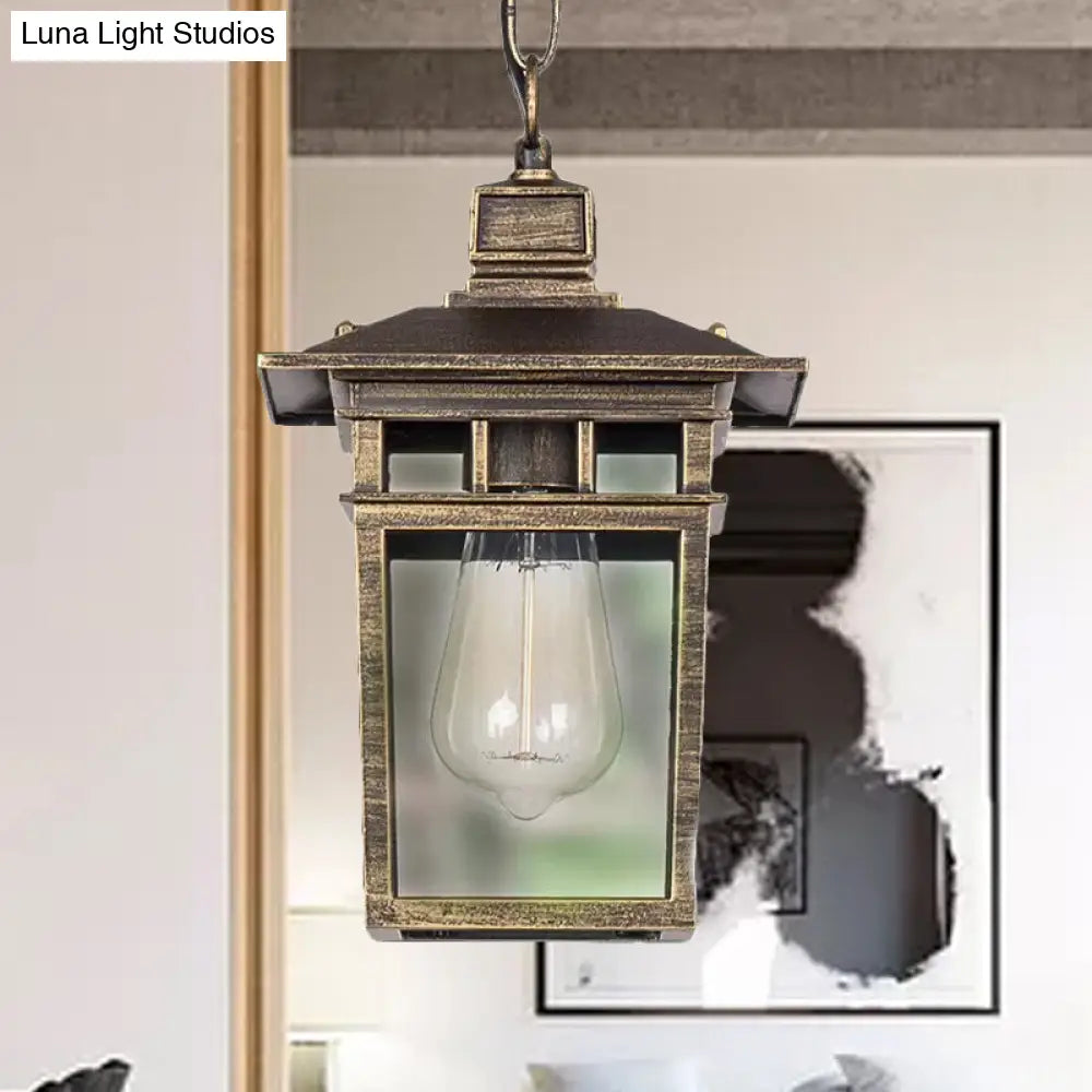 Industrial Lantern Outdoor Pendant Lamp With Metal And Clear Glass - 1 Light In Black/Bronze/Gold