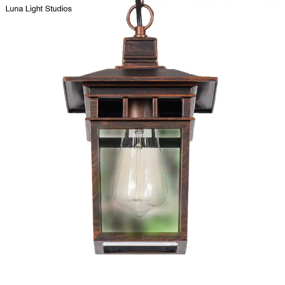 Industrial Lantern Hanging Pendant Lamp - Metal & Clear Glass 1 Light Outdoor Porch Lighting In