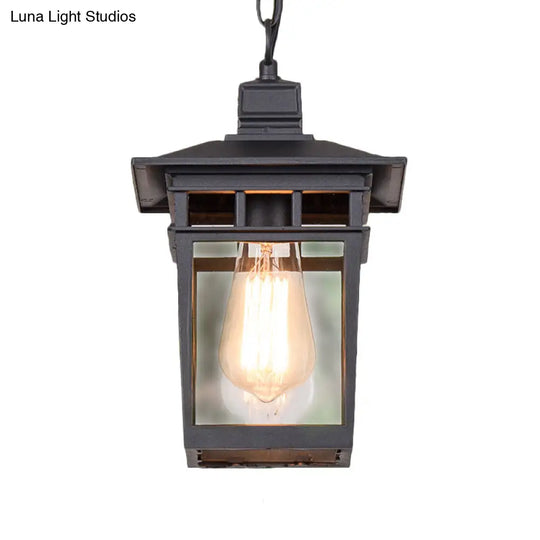 Industrial Lantern Hanging Pendant Lamp - Metal & Clear Glass 1 Light Outdoor Porch Lighting In