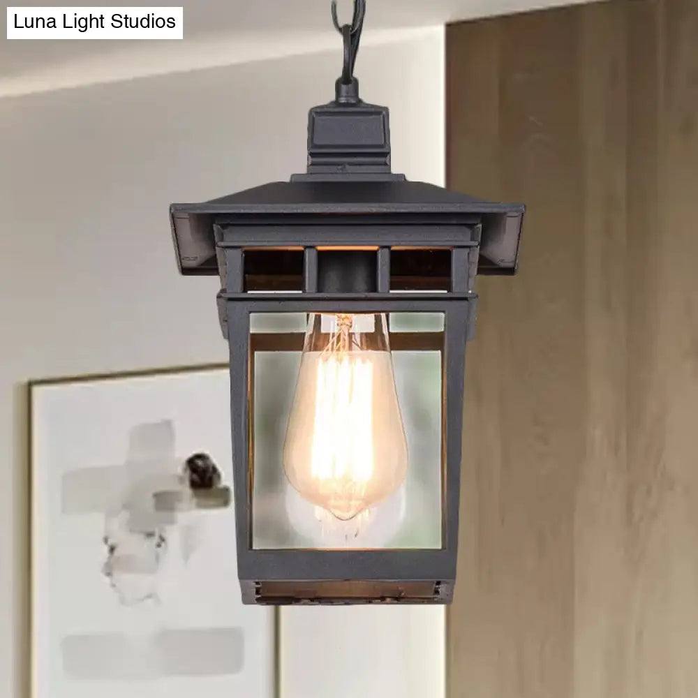Industrial Lantern Hanging Pendant Lamp - Metal & Clear Glass 1 Light Outdoor Porch Lighting In