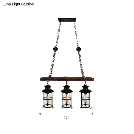 Industrial Lantern Pendant Light With Clear Glass Wood Decoration And Cage Design - 2/3 Lights Black