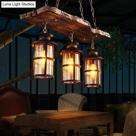 Industrial Lantern Pendant Light With Clear Glass Wood Decoration And Cage Design - 2/3 Lights Black