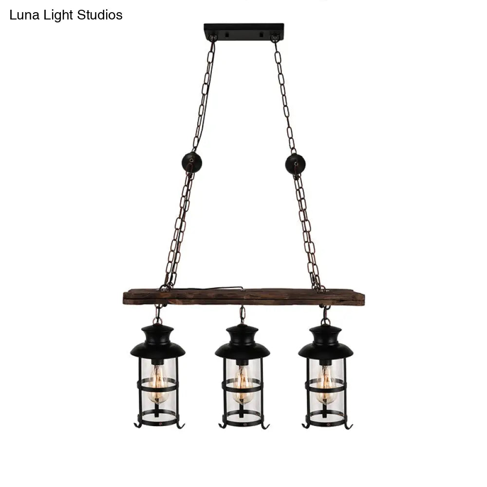 Industrial Lantern Pendant Light With Clear Glass Wood Decoration And Cage Design - 2/3 Lights Black