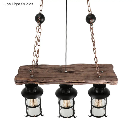 Industrial Lantern Pendant Light With Clear Glass Wood Decoration And Cage Design - 2/3 Lights Black