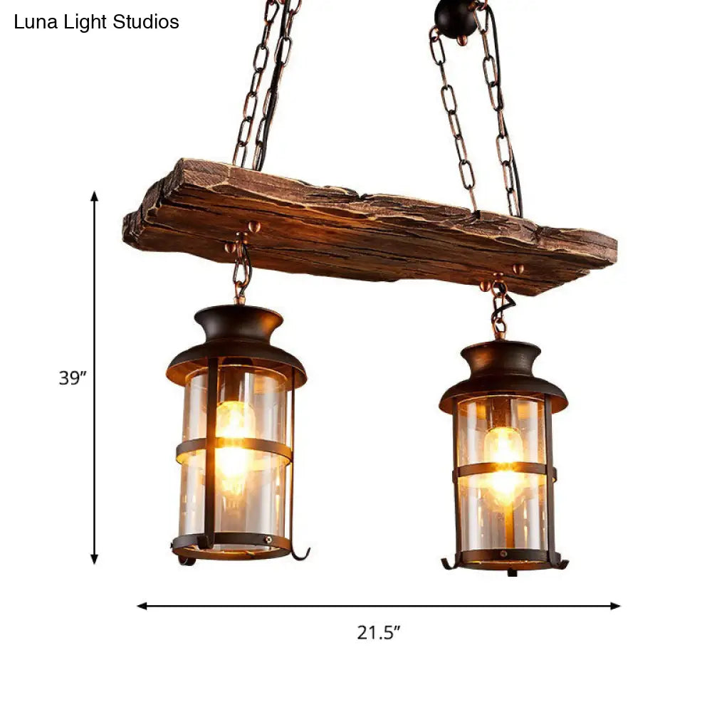 Industrial Lantern Pendant Light With Clear Glass Wood Decoration And Cage Design - 2/3 Lights Black