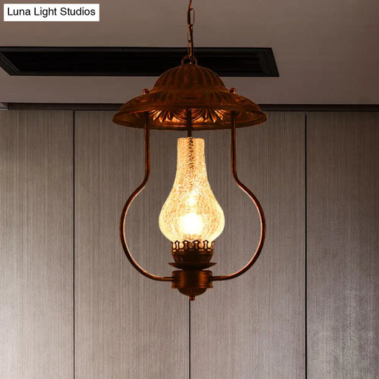 Industrial Lantern Pendant Light With Clear Crackle Glass And Bronze Finish