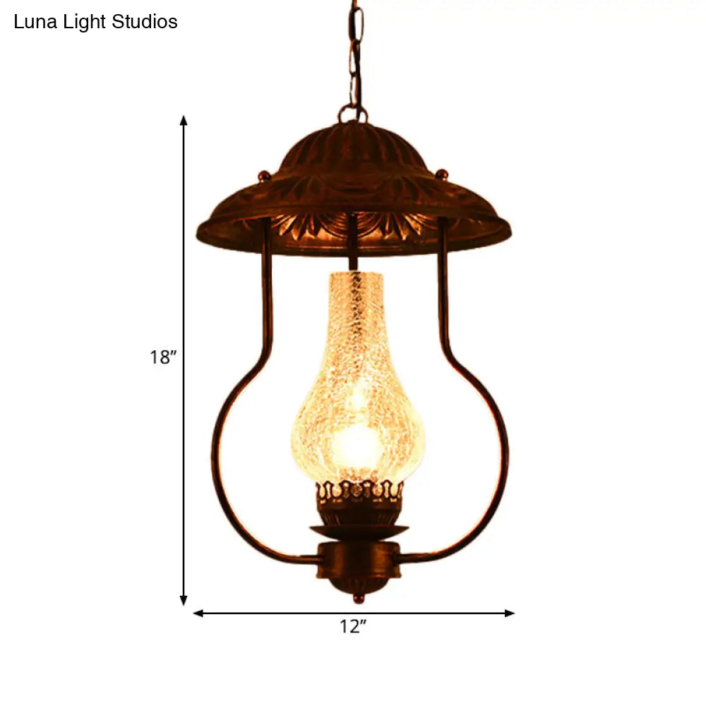 Industrial Lantern Pendant Light With Crackle Glass: Clear Bronze Finish