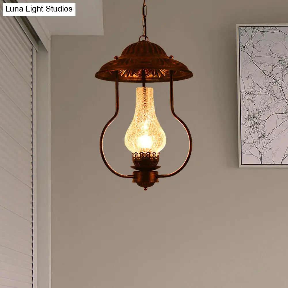 Industrial Lantern Pendant Light With Crackle Glass: Clear Bronze Finish