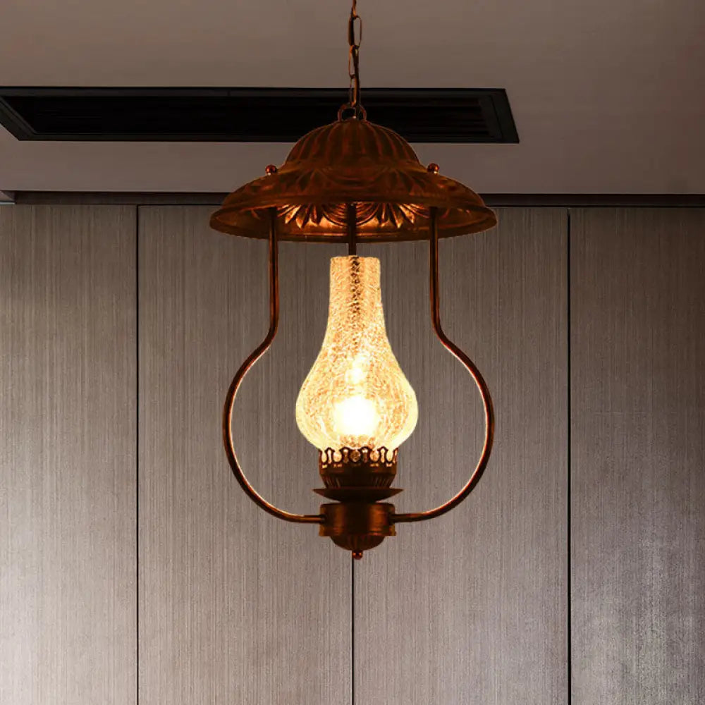Industrial Lantern Pendant Light With Crackle Glass: Clear Bronze Finish