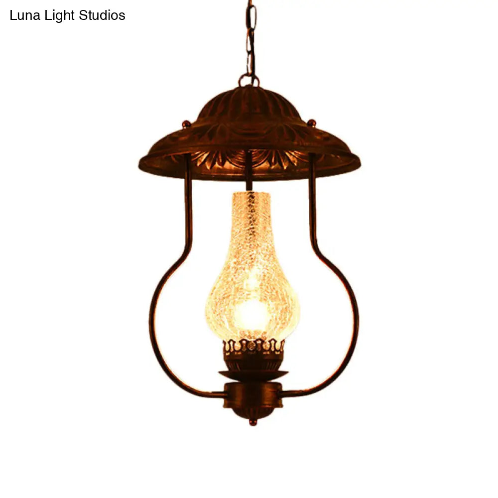 Industrial Lantern Pendant Light With Clear Crackle Glass And Bronze Finish