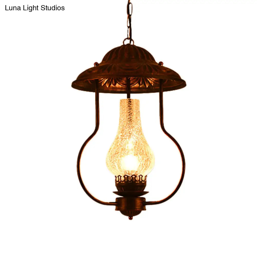 Industrial Lantern Pendant Light With Crackle Glass: Clear Bronze Finish