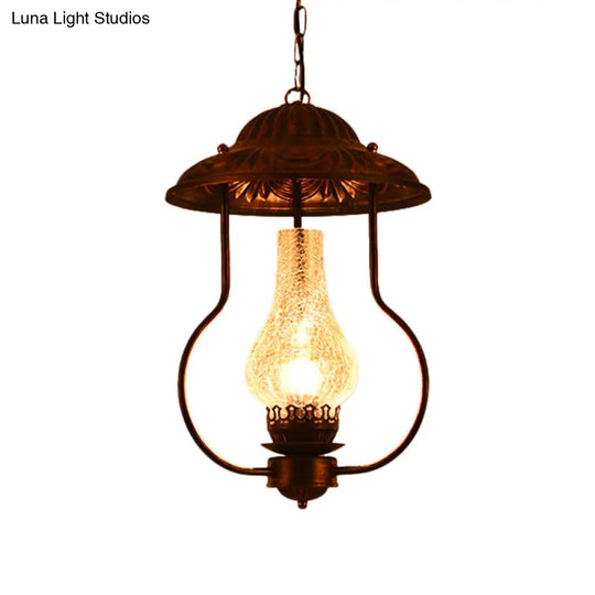 Industrial Lantern Pendant Light With Crackle Glass: Clear Bronze Finish