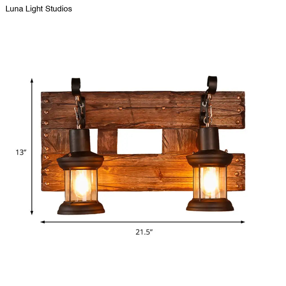 Industrial Lantern Wall Sconce - Clear Glass Black 2-Light Fixture With Wooden Backplate