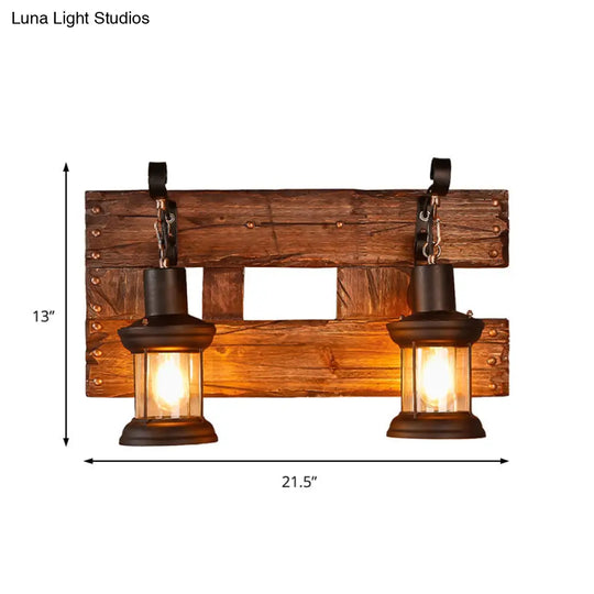 Industrial Lantern Wall Sconce - Clear Glass Black 2-Light Fixture With Wooden Backplate