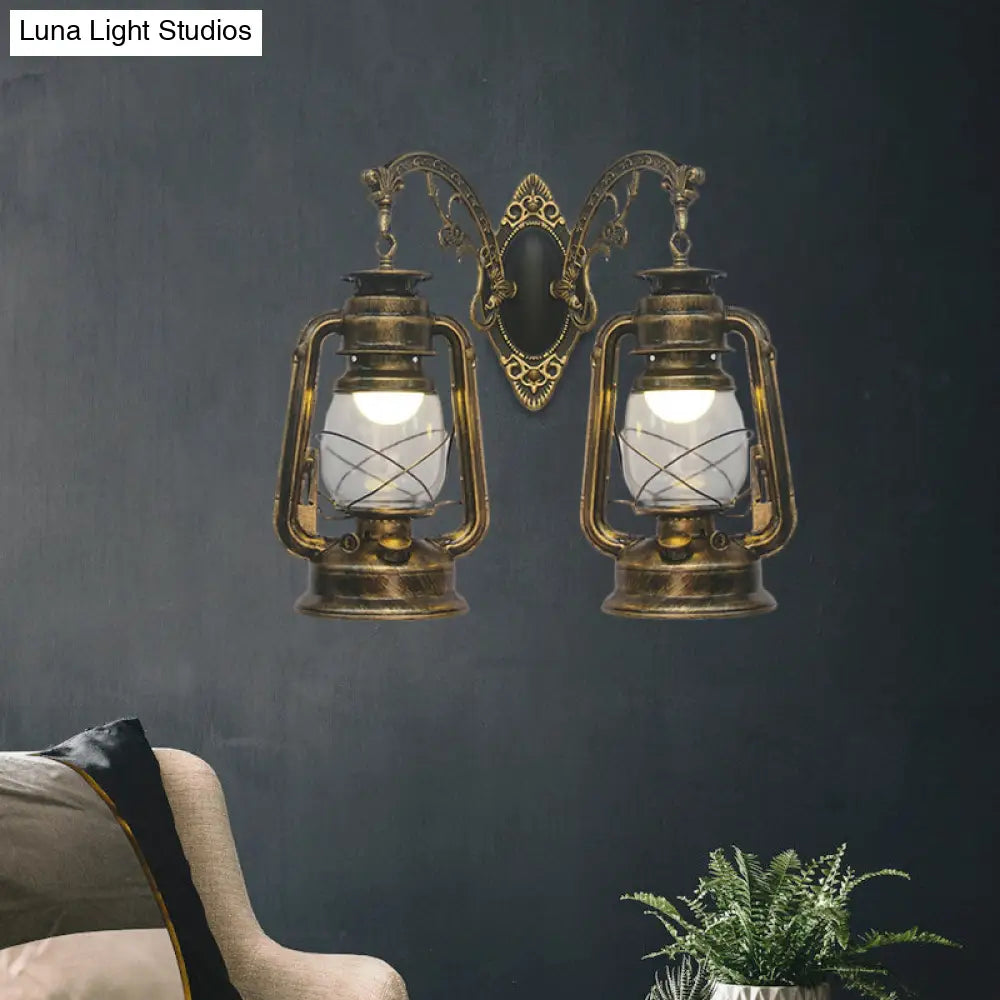 Industrial Lantern Wall Sconce Light Fixture - 2 Bulb Clear Glass Design In A Black/Bronze/Copper