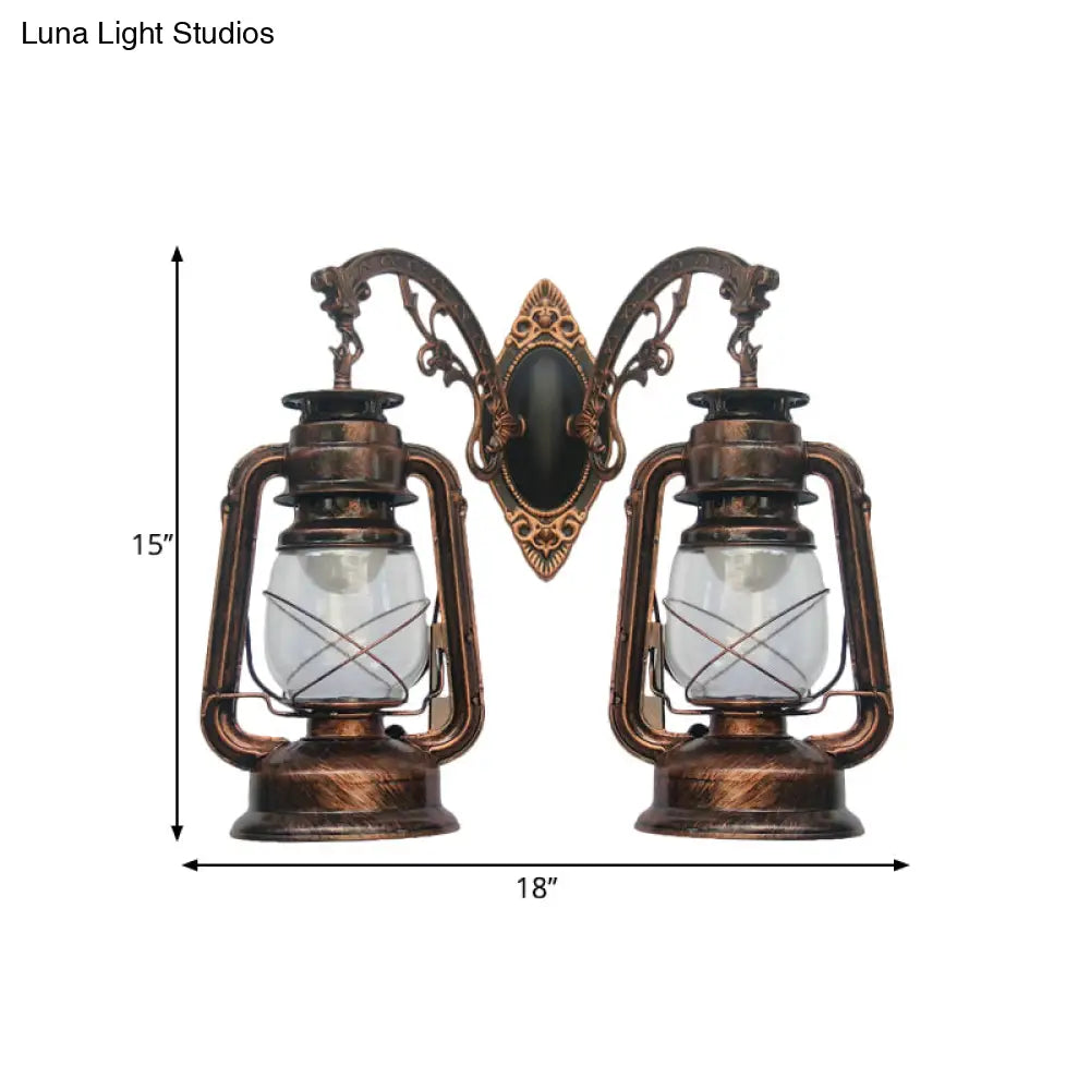 Industrial Lantern Wall Sconce Light Fixture - 2 Bulb Clear Glass Design In A Black/Bronze/Copper