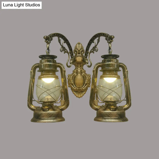 Industrial Lantern Wall Sconce Light Fixture - 2 Bulb Clear Glass Design In A Black/Bronze/Copper