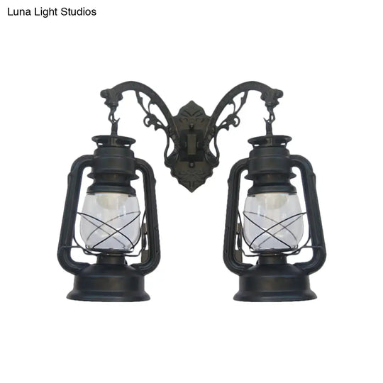 Industrial Lantern Wall Sconce Light Fixture - 2 Bulb Clear Glass Design In A Black/Bronze/Copper