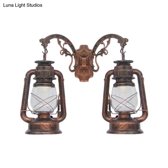 Industrial Lantern Wall Sconce Light Fixture - 2 Bulb Clear Glass Design In A Black/Bronze/Copper