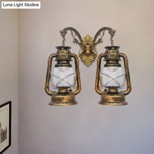 Industrial Lantern Wall Sconce Light Fixture - 2 Bulb Clear Glass Design In A Black/Bronze/Copper