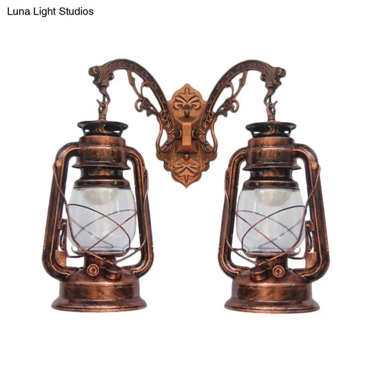 Industrial Lantern Wall Sconce Light Fixture - 2 Bulb Clear Glass Design In A Black/Bronze/Copper