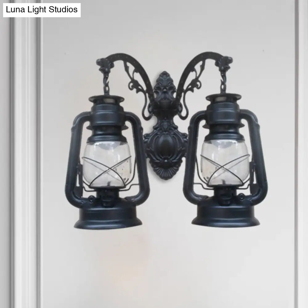 Industrial Lantern Wall Sconce Light Fixture - 2 Bulb Clear Glass Design In A Black/Bronze/Copper