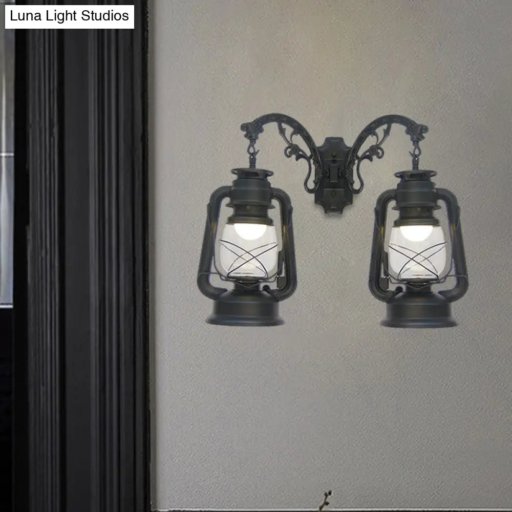 Industrial Lantern Wall Sconce Light Fixture - 2 Bulb Clear Glass Design In A Black/Bronze/Copper