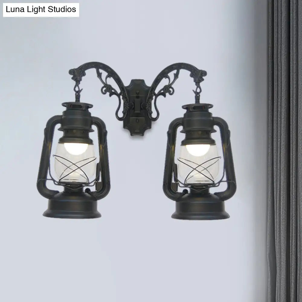 Industrial Lantern Wall Sconce Light Fixture - 2 Bulb Clear Glass Design In A Black/Bronze/Copper